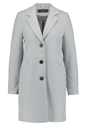 Manteau pour femme gris clair, longueur genou, avec des revers à cran, trois boutons foncés, des manches longues et deux poches obliques, présenté sur fond blanc.