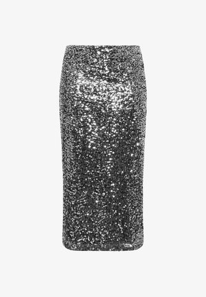 Korkeavyötäröinen kynähame, joka on päällystetty mustilla paljeteilla. Hameessa on tyylikäs siluetti ja kiiltävä pinta, ja se sopii virallisiin tilaisuuksiin.