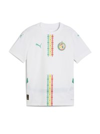 Bela majica s kratkimi rokavi, ki ima barvite vertikalne vzorce v rdeči, zeleni in modri barvi, ter okroglen emblem in logotip Puma.