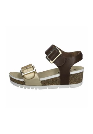 Brown and beige wedge sandal with two adjustable buckles, cork-like midsole, textured outsole, and white rubber base.