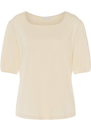 Camicia beige chiaro con scollatura quadrata, maniche corte a sbuffo e una texture morbida e liscia. Design semplice, senza motivi.