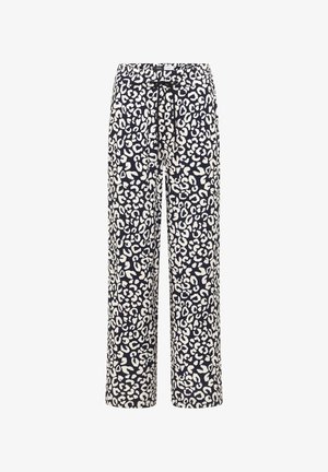 Løse bukser med sort-hvid leopardprint, elastisk talje og sort snøre foran.