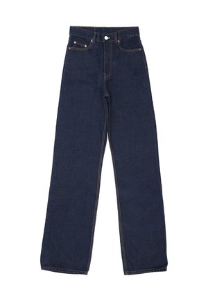 Välja jeans i mörkblå denim med vida ben, orange sömmar, knäppning med knappar och två fram- och bakfickor. Slät textur.