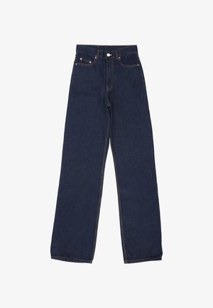 Välja jeans i mörkblå denim med vida ben, orange sömmar, knäppning med knappar och två fram- och bakfickor. Slät textur.