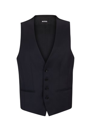 Tumedat sinine kohandatud vest, millel on sügav V-kaelus, kuus nööpi ja kaks küljetaskut. Sile kangas ja struktureeritud disain. Brändi silt sees.