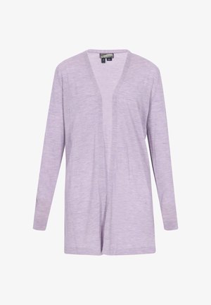 Jasnofioletowy kardigan z długim rękawem, z dekoltem w kształcie V, otwartym przodem i miękkim, teksturowanym materiałem. Bez zapięć ani zdobień.