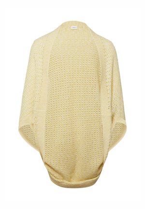 Żółte otwarte ponczo z dzianiny, z teksturowanym wzorem, szerokim kołnierzem i luźnym krojem.