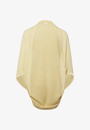 Gele open-voorzijde gebreide poncho met gestructureerd patroon, brede kraag en losse pasvorm.