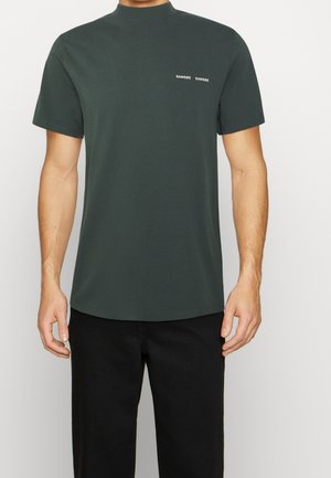 Dark green short-sleeve t-shirt with a high collar and subtle white brand text on the chest. Made from a smooth, soft cotton blend.