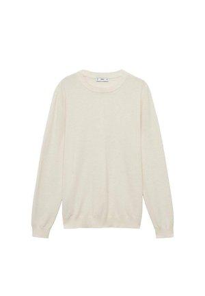 Svetlo béžový pulover vyrobený z mäkkej látky, s okrúhlym výstrihom, dlhými rukávmi a rebrovanými manžetami a lemom. Jednoduchý a minimalistický dizajn.