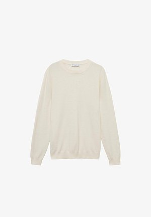 Pull beige clair en maille douce, avec un col rond, des manches longues et des poignets et un ourlet côtelés. Design simple et minimaliste.