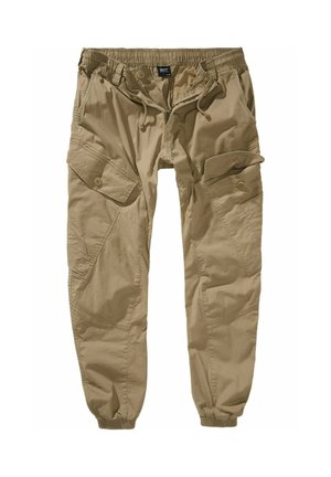 Khakifärgade cargobyxor med elastisk midja, dragskojustering, flera sidofickor och elastiska muddar för en avsmalnande passform.