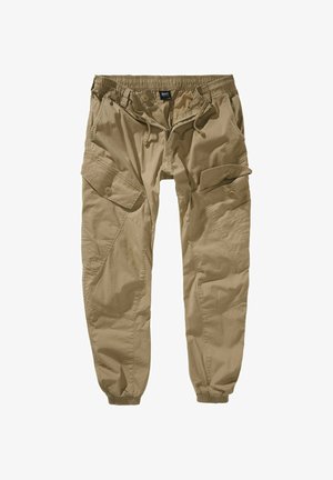 Khakifärgade cargobyxor med elastisk midja, dragskojustering, flera sidofickor och elastiska muddar för en avsmalnande passform.