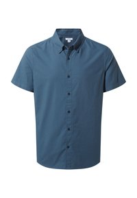 Short-sleeve button-up shirt in blue cotton fabric with a spread collar and front placket featuring dark buttons. Simple and sleek design.