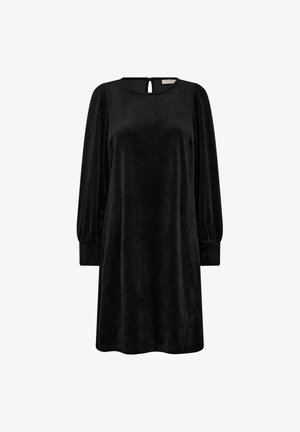 Svart sammetsklänning i A-linje med långa puffärmar och rund halsringning med en liten nyckelhålsknapp bak.