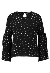 Black blouse with white polka dots, round neckline, keyhole back, and flared sleeves with ties. Lightweight fabric with a smooth texture.