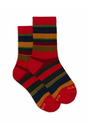 Calzini a righe in rosso, verde, blu, marrone e arancione. Realizzati in tessuto morbido, con un polsino a costine e un logo giallo sulla suola.