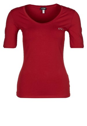 Rotes tailliertes Damenoberteil mit kurzen Ärmeln, Rundhalsausschnitt und kleinem Logo auf der linken oberen Brustseite.