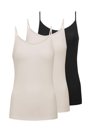 Drei ärmellose Camisole-Oberteile mit dünnen Trägern, zwei in Beige und eines in Schwarz, überlappend vor weißem Hintergrund dargestellt.