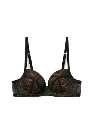 Schwarzer Spitzen-BH mit einer Mischung aus transparentem und gemustertem Stoff, der ein glattes gepolstertes Cup-Design und verstellbare Träger aufweist.