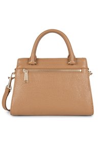 Sac à main en cuir tan avec un design structuré, deux poignées supérieures et une bandoulière amovible. Comprend une poche zippée à l'avant et des accessoires en or.