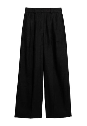 Pantaloni neri a palazzo realizzati in un tessuto strutturato, caratterizzati da pieghe e tasche laterali, con un taglio dritto e una vita.