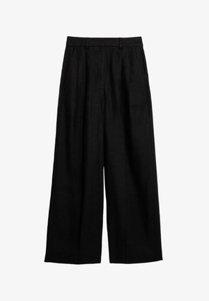 Černé široké kalhoty vyrobené z texturované látky, se sklady a bočními kapsami, rovného střihu a se stahovací šňůrkou v pase.