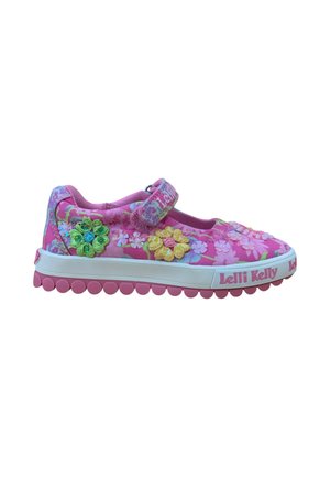 Zapato Mary Jane rosa para niños con motivo floral, flores bordadas, correa de velcro y suela blanca con el texto "Lelli Kelly" en el lateral.