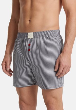 Man die grijs-wit verticaal gestreepte boxershort draagt met twee rode knopen en een beige label op de tailleband, getoond van taille tot halverwege het dijbeen.