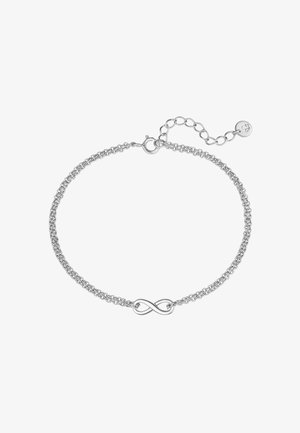 Sølvarmbånd med et uendelighedssymbol i midten, to fine kæder med sammensluttede led og en justerbar lås. Glat tekstur og poleret finish.