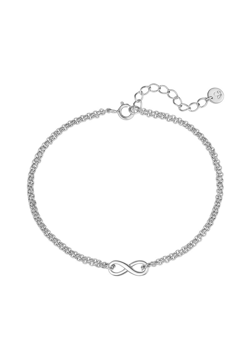 Strieborný náramok so stredovým symbolom nekonečna, s dvoma jemnými prepojenými reťazami a nastaviteľným zapínaním. Hladký povrch a lesklý finiš.
