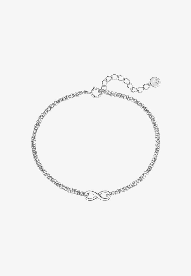 Strieborný náramok so stredovým symbolom nekonečna, s dvoma jemnými prepojenými reťazami a nastaviteľným zapínaním. Hladký povrch a lesklý finiš.