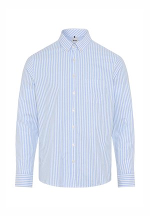 Herreskjorte med lange ærmer og knapper, med lyseblå og hvide lodrette striber, en brystlomme foran og en knaplukket krave.