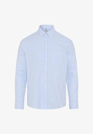 Herrenhemd mit langen Ärmeln, knöpfbar, mit hellblauen und weißen vertikalen Streifen, einer Brusttasche vorne und einem Kentkragen mit Knöpfen.