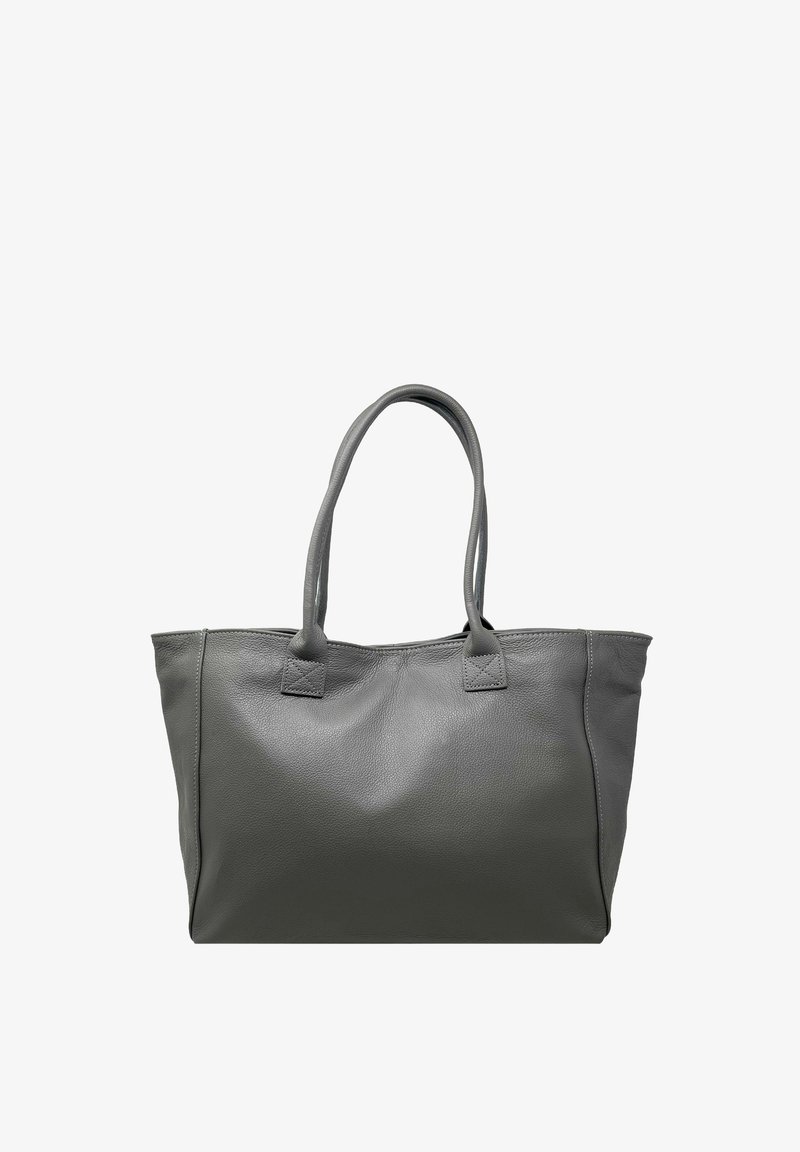 Szara skórzana torba tote z dwiema długimi rączkami, prostokątnym kształtem i teksturowaną powierzchnią. Posiada detale w postaci przeszyć po bokach.