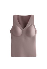 Ærmeløs taupe sømløs shapewear-top med formstøbte skåle og V-hals, designet til en glat og støttende pasform.