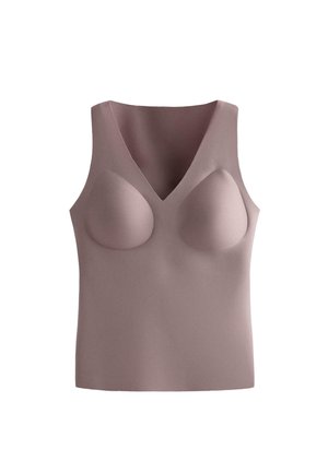 Ärmelloses, nahtloses Shapewear-Top in Taupe mit geformten Cups und V-Ausschnitt, entworfen für eine glatte, unterstützende Passform.