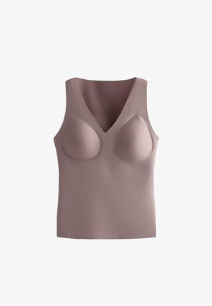 Brezrokavna brezšivna oblikovalna majica v barvi taupe z oblikovanimi košaricami in V-izrezom, zasnovana za gladko in podporno prileganje.