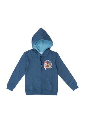 Felpa con zip blu, foderata con un interno azzurro chiaro, caratterizzata da una patch rotonda con personaggi dei cartoni sul petto e due tasche frontali.