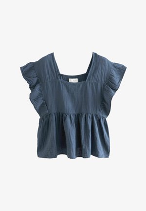Blusa blu scuro a maniche corte con bordi arricciati, scollo quadrato, corpo arricciato e tessuto testurizzato. Leggera e morbida.