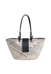 Borsa a tracolla in paglia intrecciata beige e blu navy, con dettagli in pelle nera e una patch con logo centrale. Include doppie tracolle.