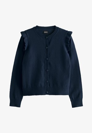 Námornícky modrý sveter s gombíkovým zapínaním, so žebrovaným golierom a manžetami, so volánikovými akcentmi na pleciach, vyrobený z mäkkého materiálu.