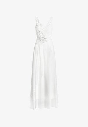 White sleeveless floor-length dress with V-neck, embellished floral embroidery, and asymmetrical draped skirt detail.
