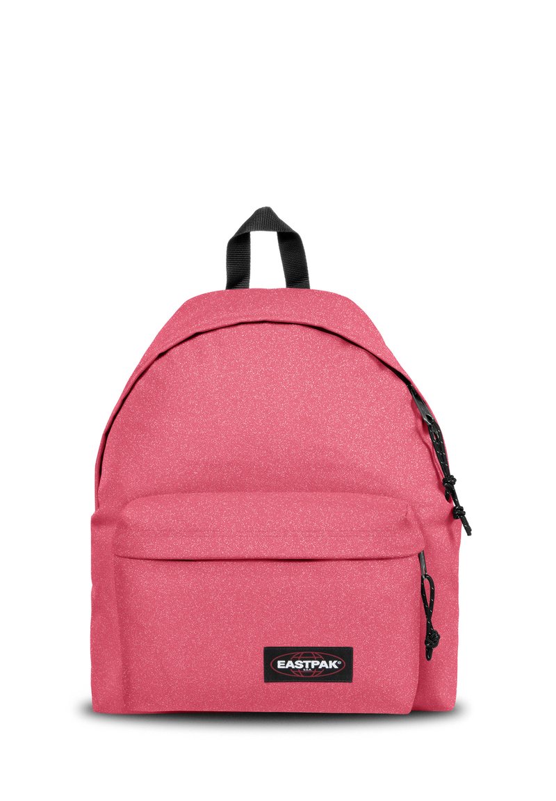 Pink backpack made of textured fabric, features a large main compartment, front pocket, black zippers, and a top loop for hanging.