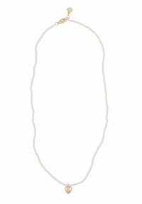 Vit pärlhalsband med ett guldhjäta, som har en kräftklämma och en delikat kedjedesign.