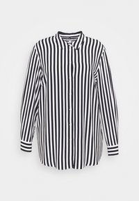 Zwart-wit verticaal gestreept overhemd met lange mouwen, kraag en volledig knoopsluiting, met contrasterende gestreepte manchetten.