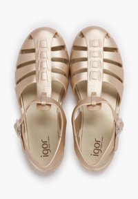 Beige plastic sandals with a strappy design, adjustable ankle strap, and gold insole detail. Logo printed in brown on the insole.
