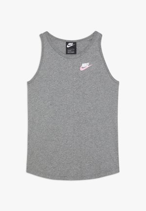 Camiseta sin mangas gris de Nike con pequeño logotipo de Nike en rosa y blanco en el pecho izquierdo, hecha de tela suave.