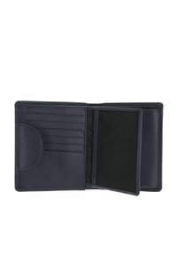 Portefeuille noir en cuir bifold ouvert, montrant six emplacements pour cartes, une poche incurvée et une fenêtre transparente pour carte d'identité.