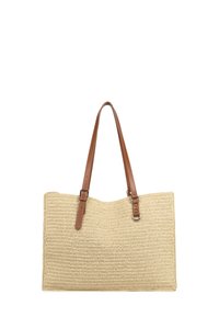Borsa a tracolla di paglia con un design tessuto testurizzato; presenta manici in pelle marrone e dettagli con fibbia; forma rettangolare, apertura superiore.